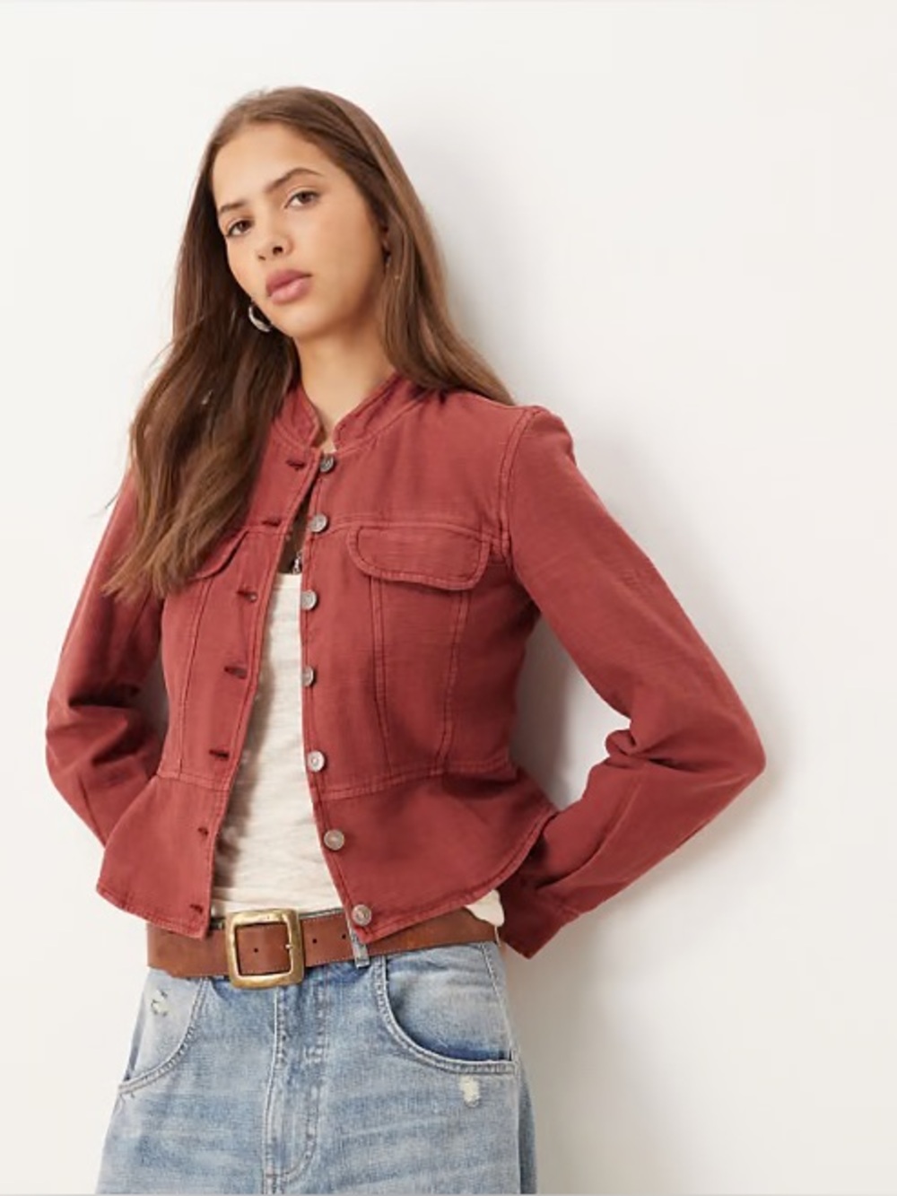 Free People Jocelyn Cotton Jacket M Women's Red Dahlia Peplum Coat
